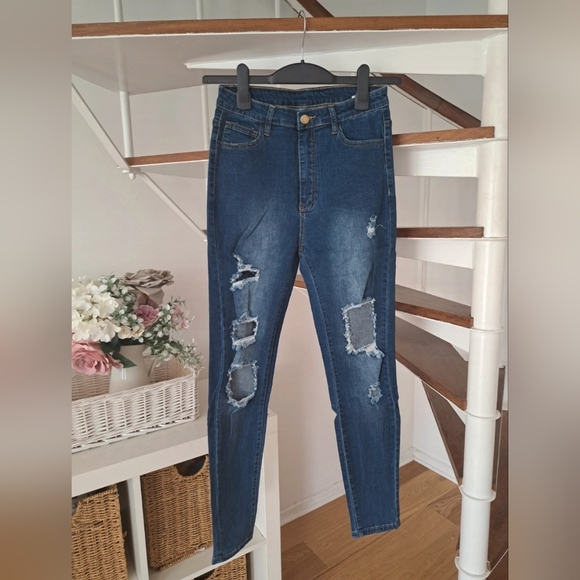 SHEIN Denim - Shein Size M Womens Blue Ripped High Rise High Waist Skinny Jeans Button Zip.